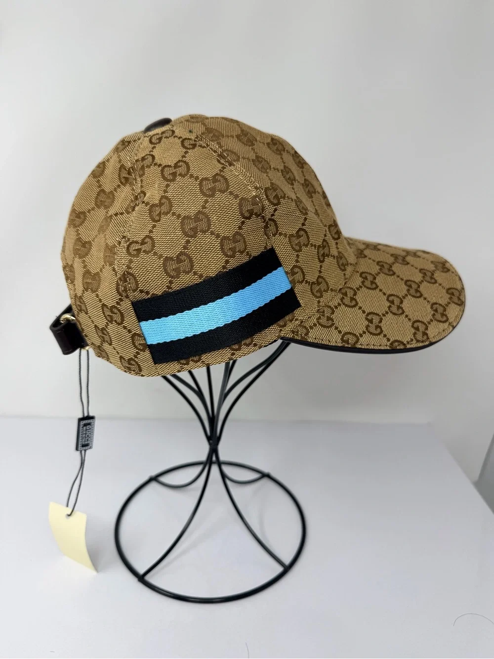 Gucci Brown GG Monogram Baseball Cap with Blue Stripe